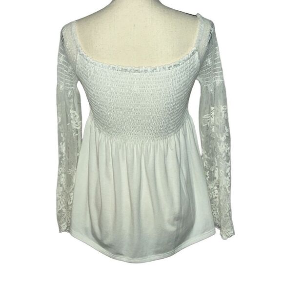 Xhilaration Pull-Over Shirred Blouse with Lace Bell Sleeves Size Medium - Picture 7 of 9